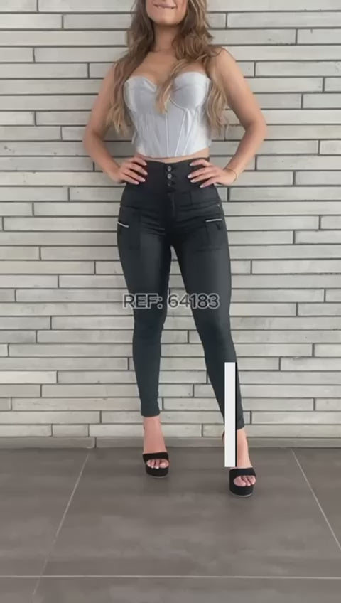 Jeans Efecto Cuero Tiro Alto Y64183